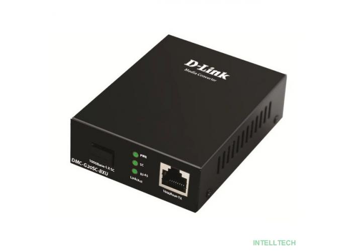 D-Link DMC-G20SC-BXU/A1A WDM медиаконвертер с 1 портом 100/1000Base-T и 1 портом 1000Base-LX с разъемом SC (Tx: 1310 мкм; Rx: 1550 мкм) для одномодового оптического кабеля (до 20 км)