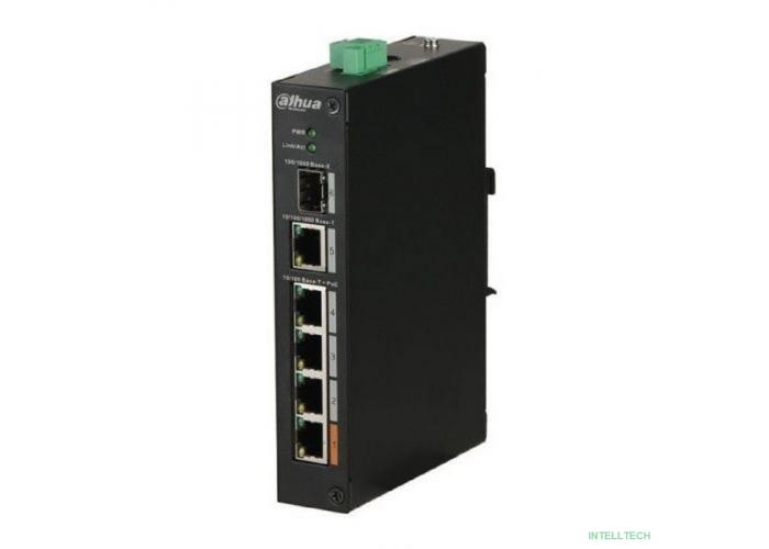 DAHUA DH-PFS3106-4ET-60 4-портовый неуправляемый коммутатор с PoE, уличное исполнение, 4xRJ45 100Mb PoE, 1xRJ45 1Gb + 1xSFP 1Gb uplink, суммарно 60Вт, коммутация 6.8 Гбит/с, MAC-таблица 8К