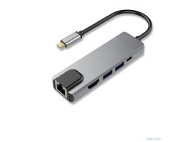 Bion Мульти переходник USB Type-C - USB Type-C/2*USB-A 3.0/HDMI/RJ-45 1000мб/с, 60W, алюминиевый корпус, длинна кабеля 10 см [BXP-A-USBC-MULTI-03]
