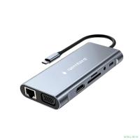 Gembird Док-станция Type-C 10в1: 3xUSB3.1, PD87W, Jack3.5, SD/TF, HDMI, RJ45, VGA, кабель15см (UHB-D4)