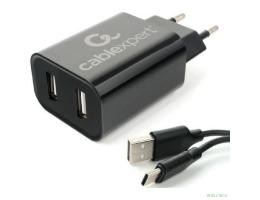 Cablexpert Адаптер питания USB 2 порта, 2.4A, черный + кабель 1м Type-C (MP3A-PC-37)
