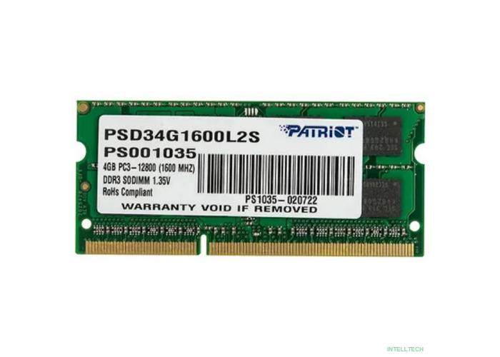 Patriot DDR3 SODIMM 4GB PSD34G1600L2S (PC3-12800, 1600MHz, 1.35V)