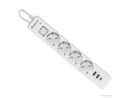 Defender Удлинитель с сетевым фильтром DFS 143 3 м,белый,4розетки,USB+TypeC [99434]