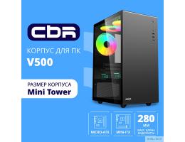 CBR Корпус mATX Minitower V500, без БП, 1*USB 3.0, 2*USB 2.0, HD Audio+Mic, закаленное стекло, Black [PCC-MATX-V500-WPSU]