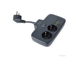 Amper сетевой удлинитель, 0,2м, 2 розетки, 3*0,75мм, 10А, 2500 Вт, 3usb, 1Type-C, 1кн, черный. [T2535B]