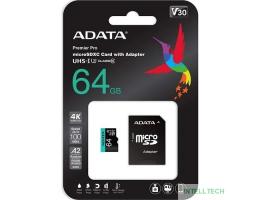 Micro SecureDigital 64GB A-Data AUSDX64GUI3V30SA2-RA1 Premier Pro + adapter  Class10 