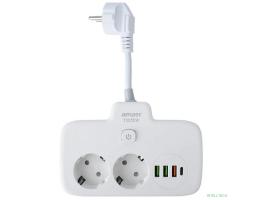 Amper сетевой удлинитель, 0,2м, 2 розетки, 3*0,75мм, 10А, 2500 Вт, 3usb, 1Type-C, 1кн, белый. [T2535W]