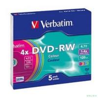 Verbatim  Диск DVD-RW 4x, Colour, Slim, 5шт,(43563)