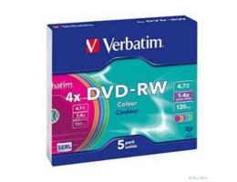 Verbatim  Диск DVD-RW 4x, Colour, Slim, 5шт,(43563)