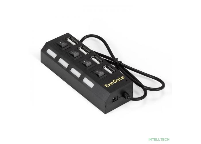 Exegate EX293977RUS USB-Хаб (концентратор) ExeGate DUB-42SW (кабель-адаптер USB2.0 --> 4xUSB2.0, кнопки включения/отключения для каждого порта, Plug&Play, черный)