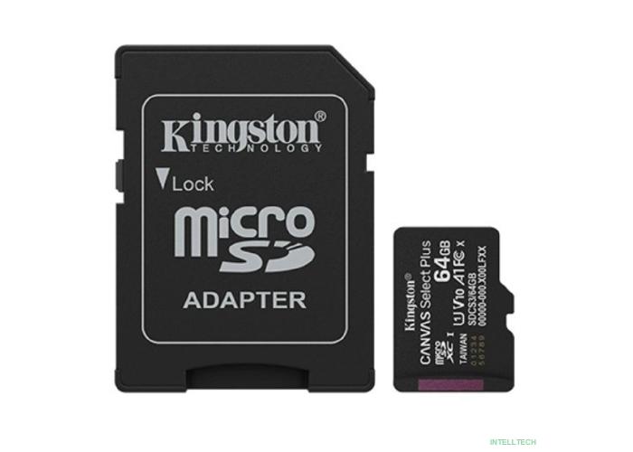 Micro SecureDigital 64GB Kingston Canvas Select Plus, UHS-I, U3, V30, A2, с адаптером