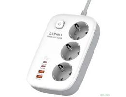 LDNIO SE3436/ Сетевой удлинитель 2м/ 3 розетки/ 3250W/ 4 USB: QC 4.0+PD 3.0+PPS/ GAN 65W/ White