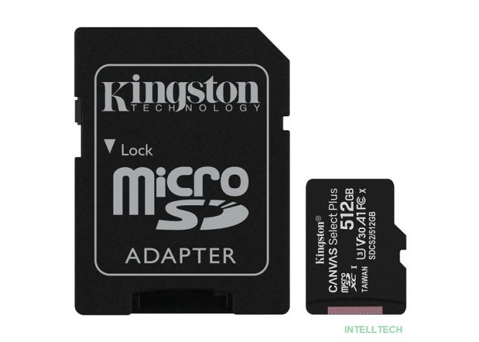 Micro SecureDigital 512Gb Kingston Class 10 UHS-I U3 Canvas Select Plus (SD адаптер) 100MB/s SDCS2/512GB