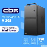 CBR Корпус mATX Minitower V205, без БП, 1*USB 3.0, 1*USB 2.0, HD Audio+Mic, ручка, каркас металл 1.8мм,  Black [PCC-MATX-V205-WPSU]