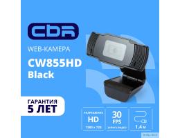 CBR CW 855HD Black, Веб-камера с матрицей 1 МП, разрешение видео 1280х720, USB 2.0, встроенный микрофон с шумоподавлением, фикс.фокус, крепление на мониторе, длина кабеля 1,4 м, цвет чёрный