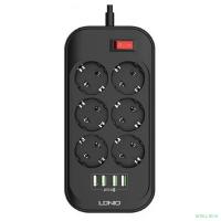 Perfeo LD_B4436  LDNIO SE6403/ Сетевой удлинитель 2м + ЗУ на 4 USB/ 6 розеток (медь) - 2500W/ USB - 17W/ Black&Gray