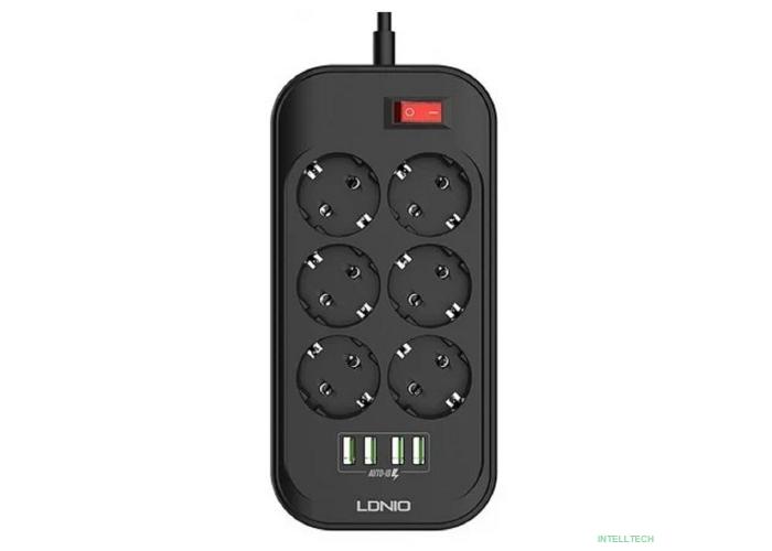 Perfeo LD_B4436  LDNIO SE6403/ Сетевой удлинитель 2м + ЗУ на 4 USB/ 6 розеток (медь) - 2500W/ USB - 17W/ Black&Gray