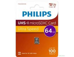 Micro SecureDigital 64GB Philips High Speed  microSDHC Class UHS-I U3, V30, A1, 100MB/s Micro SecureDigital 64GB Philips High Speed  microSDHC Class UHS-I U3, V30, A1, 100MB/s