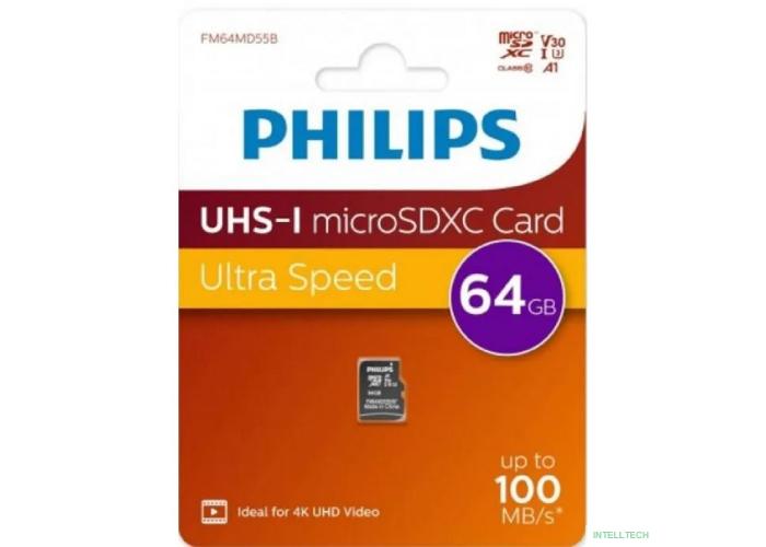 Micro SecureDigital 64GB Philips High Speed  microSDHC Class UHS-I U3, V30, A1, 100MB/s