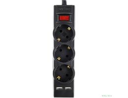 Perfeo сетевой фильтр "POWER-S", 3,0м, 3 розетки 10А, 2USB, 2500 Вт, двойная защита, черный.