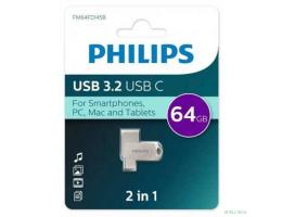 PHILIPS USB Drive 64Gb PHILIPS 2-in-1 USB 3.2 USB C, OTG, USB 3.2/Type-C, Металл, 100 MB/s