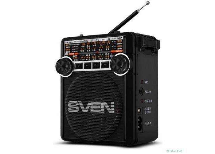 SVEN SRP-355, черный, радиоприемник (мощность 3 Вт (RMS), FM/AM/SW, USB, SD/microSD, фонарь, встроенный аккумулятор)