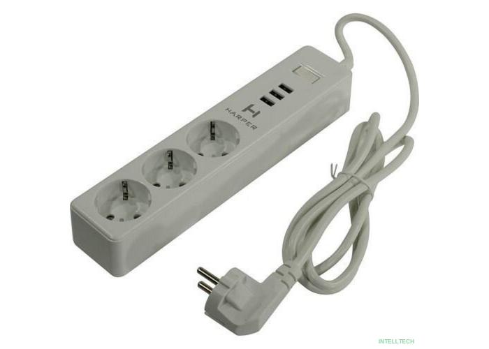 Harper Сетевой фильтр с USB зарядкой UCH-315 White (3 роз.,1,5м., 3xUSB., (3680W)16А) {H00002825}