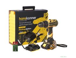 Дрель аккум. б/щ Hanskonner, 18В, 1BatterySystem, 2 акк. 2Ач, 65Нм, патрон 13мм, кейс [HCD1865]