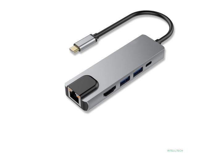 Bion Мульти переходник USB Type-C - USB Type-C/2*USB-A 3.0/HDMI/RJ-45 1000мб/с, 60W, алюминиевый корпус, длинна кабеля 10 см [BXP-A-USBC-MULTI-03]