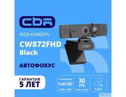 CBR CW 872FHD Black, Веб-камера с матрицей 5 МП, разрешение видео 1920х1080, USB 2.0, встроенный микрофон с шумоподавлением, автофокус, крепление на мониторе, шторка, длина кабеля 1,8 м, цвет чёрный