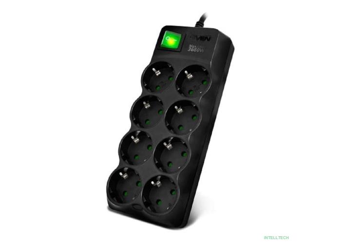 SVEN Фильтр SF-08E-16 5,0 м (8 розеток с защитными шторками,16А) черный, цветная коробка [SV-021726]