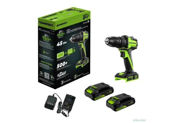 Greenworks DD345, 24V, Дрель-шуруповерт аккумуляторная, бесщеточная, 27/45 Нм,13мм,2х2Ач,ЗУ,кор  [3708307CUC]