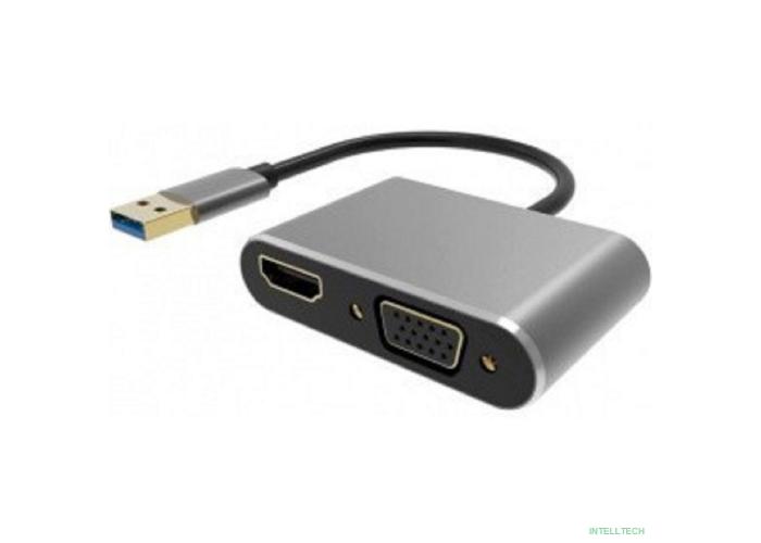 VCOM  CU322M Кабель-переходник USB 3.0 (Am) --> HDMI(f)+VGA(f), Aluminum Shell