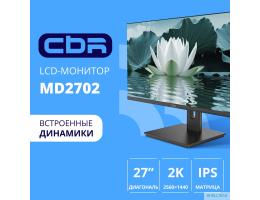 CBR LCD Монитор 27" MD-2702 безрамочный, IPS, QHD 2K 2560x1440, 100Гц, Динамики 2*3W, HAS, Pivot, 1*DP/1*HDMI, внутренний БП, FreeSync, черный, кабель HDMI 1.5м в комплекте [LCD-MD2702-OPC]