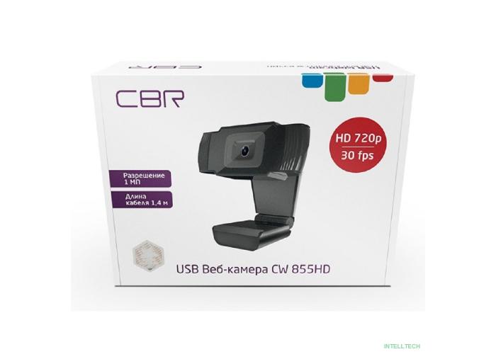 CBR CW 855HD Black, Веб-камера с матрицей 1 МП, разрешение видео 1280х720, USB 2.0, встроенный микрофон с шумоподавлением, фикс.фокус, крепление на мониторе, длина кабеля 1,4 м, цвет чёрный