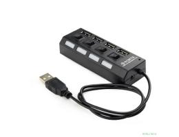 Gembird Разветвитель USB2.0  4xUSB, блок питания 2А, подсветка и выкл, кабель USB 55см, черный (UHB-U2P4-02A)