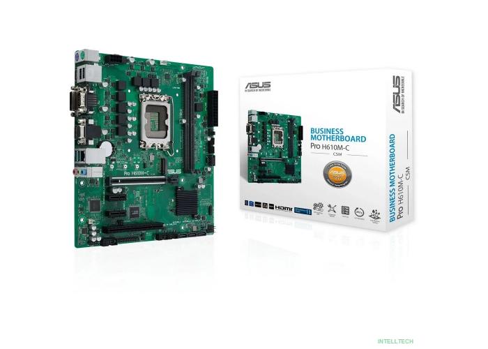 ASUS PRO H610M-C-CSM (Socket 1700, mATX, 2xDDR5(64GB), DP/DVI-D/HDMI, 1xPCIe 5.0x16/2xPCIe 3.0x1, 4xSATA 6Gb/s, 1xM2, 1xLAN, 1xCom, 2xUSB 3.0, 2xUSB 2.0, 2xPS/2)