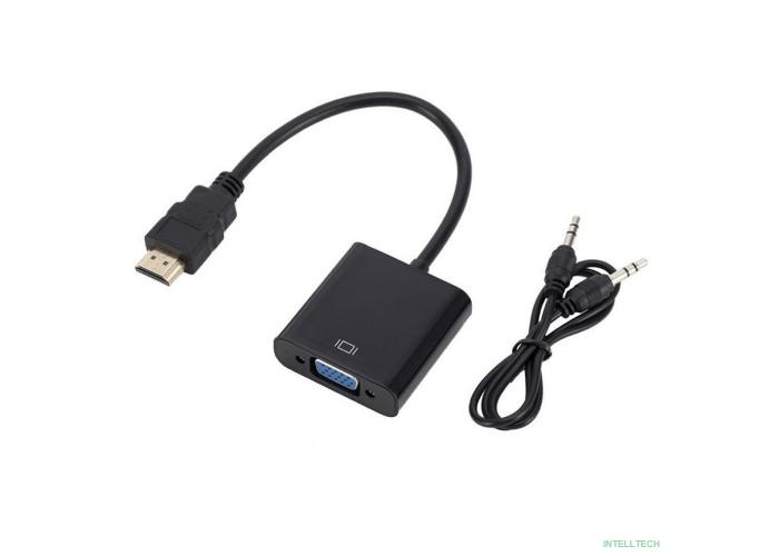 Bion Переходник с кабелем HDMI - VGA+Audio, 19M/15F + miniJack 3.5mm, длина кабеля 15см, черный [BXP-A-HDMI-VGA-03]