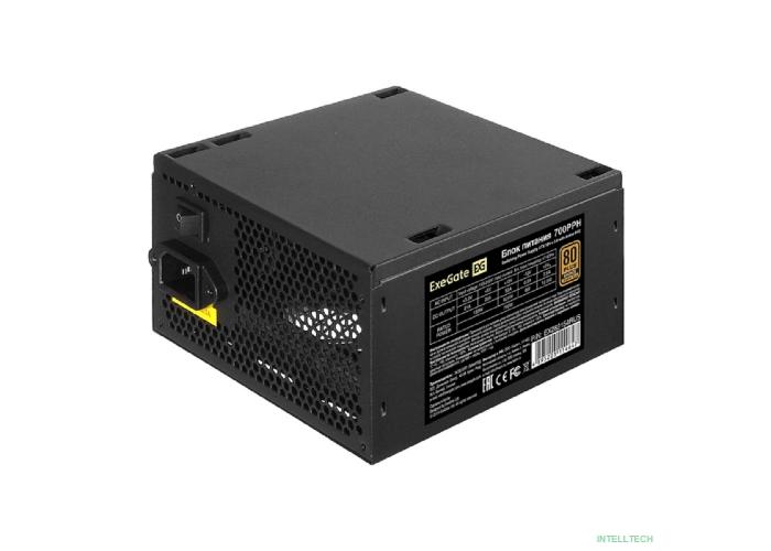 Exegate EX282154RUS Блок питания 700W ExeGate 80 PLUS® Bronze 700PPH (ATX, APFC, КПД 89% (80 PLUS Bronze), 12cm fan, 24pin, (4+4)pin, PCIe, 5xSATA, 3xIDE, black, Color Box)