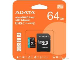 Micro SecureDigital 64GB A-Data AUSDX64GUI3V30SA2-RA1 Premier Pro + adapter  Class10 