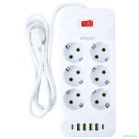 Amper сетевой удлинитель, 4,0м, 6 розеток, 10А, 2500 Вт, 4usb,2Type-C, белый. [JH-1076U-4W]