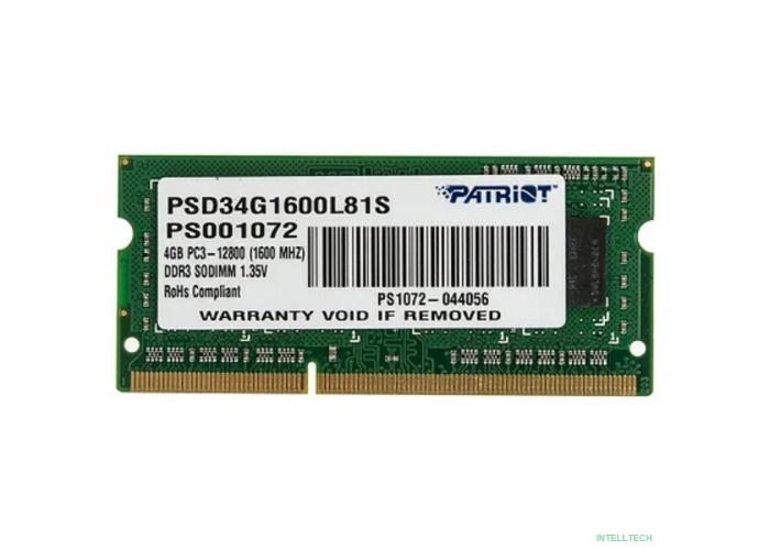 Patriot DDR3 SODIMM 4GB PSD34G1600L81S (PC3-12800, 1600MHz, 1.35V)