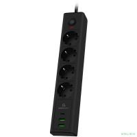 Cablexpert Сетевой фильтр Exnovo EXN-4-CU2-B-2 (4р, 16А, 1xType-C PD, 30Вт, 2 х USB, 2м, ур.защиты 4+) черный, коробка {22561}