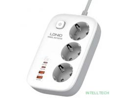 LDNIO SE3436/ Сетевой удлинитель 2м/ 3 розетки/ 3250W/ 4 USB: QC 4.0+PD 3.0+PPS/ GAN 65W/ White