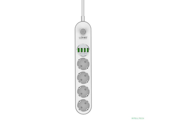 Perfeo LD_B4438  LDNIO SE4432/ Сетевой удлинитель 2м + ЗУ на 4 USB/ 4 розетки (медь) - 2500W/ USB - 17W/ White&Gray