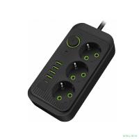 Amper сетевой удлинитель,4,0м, 3 розетки, 3*0,75мм, 10А, 2500 Вт, 4usb, 1Type-C, черный. [JH-1074U-4B]
