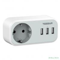 TESSAN TS-329 Grey Сетевой фильтр с 1 розеткой 220В и 3 USB портами {80001845}
