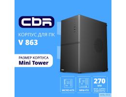 CBR Корпус mATX Minitower V863, без БП, 1*USB 3.0 Type C, 1*USB 3.0, 1*USB 2.0, HD Audio+Mic, Black [PCC-MATX-V863-WPSU]