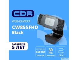 CBR CW 855FHD Black, Веб-камера с матрицей 3 МП, разрешение видео 1920х1080, USB 2.0, встроенный микрофон с шумоподавлением, фикс.фокус, крепление на мониторе, длина кабеля 1,8 м, цвет чёрный