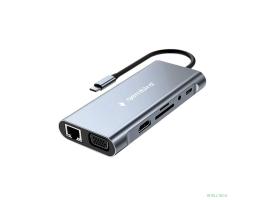 Gembird Док-станция Type-C 10в1: 3xUSB3.1, PD87W, Jack3.5, SD/TF, HDMI, RJ45, VGA, кабель15см (UHB-D4)